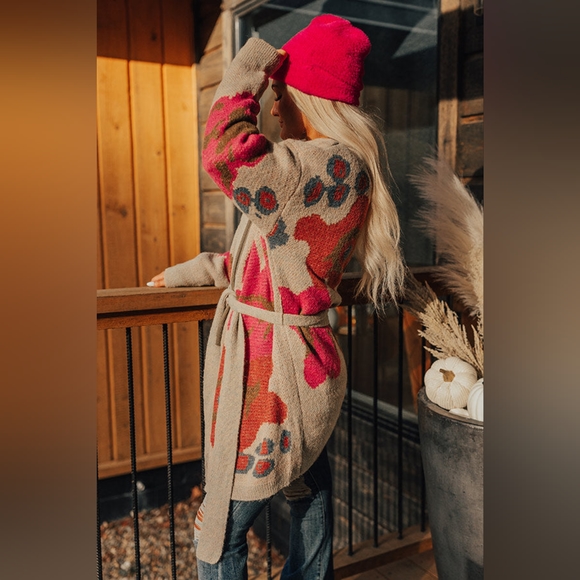 NEW Floral Print Knit Open Front Tie Waist Cardigan Sweater SMALL Birch & Pink - Picture 3 of 9